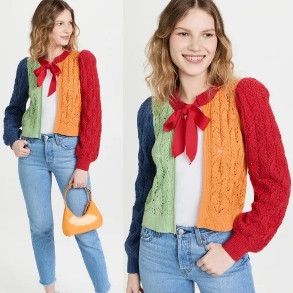 Alice + Olivia Kitty Puff Sleeve Cardigan Size XS Multi Rainbow Tie Neck Crochet